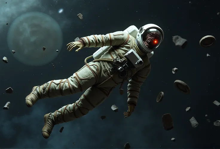 IMG_8293.CR2: A highly detailed, hyper-realistic depiction of an astronaut zombie, floating lifelessly in the vast expanse of outer space. The decaying flesh of the zombie contrasts against the shredded and weathered spacesuit, with its fabric torn to reve...