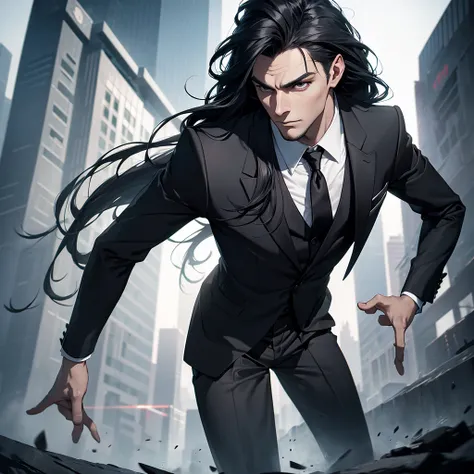 a tall man in formal attire, black eyes, long black hair, futuristic, highly detailed, photorealistic, 8k, (best quality:1.2), (realistic:1.37), (sharp focus:1.1), cinematic lighting, dramatic pose, dynamic composition