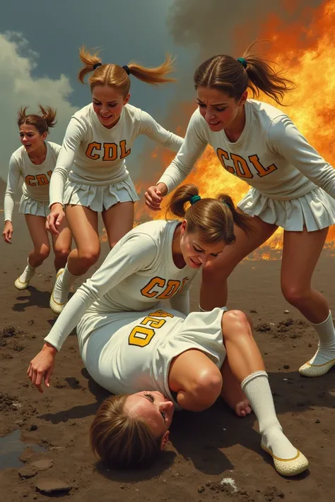 gorgeous 1960s cheerleaders with pigtails and dressed in tight-fitting white turtlenecks with gold "CDL" lettering in collegiate-style font, flat saddle shoes and short white pleated skirts, screaming in hurt, tumbling haphazardly over heaps of fallen CDL ...