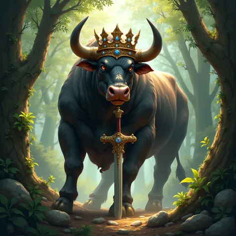 A bull wearing a royal crown holding a sword in his hand in a forest with a strong body in full rage