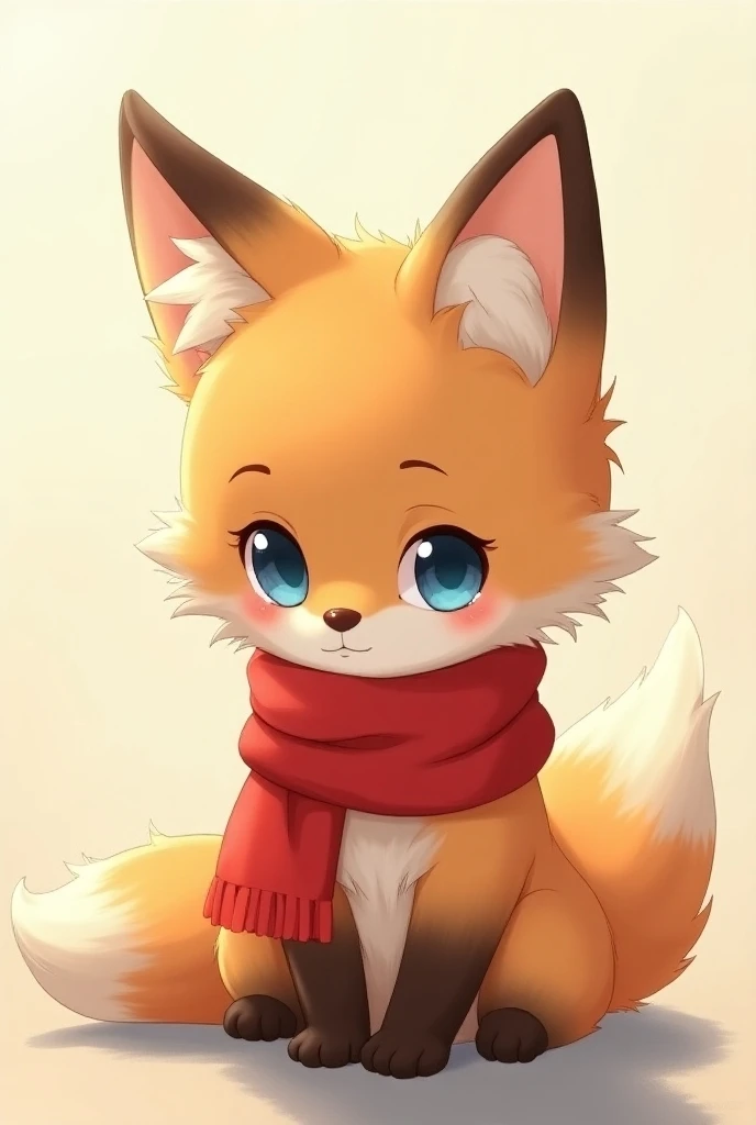 Anime boy in the form of a cute little fox wearing a red scarf and blue eyes