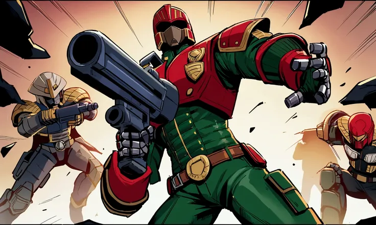 Comics judge dredd in a cowboy themed armor and broad rimmed hat helmet, big badge, huge gun. He is confronting cyborg villain cowboys, explosive shootout, high danger, broken cyborgs
