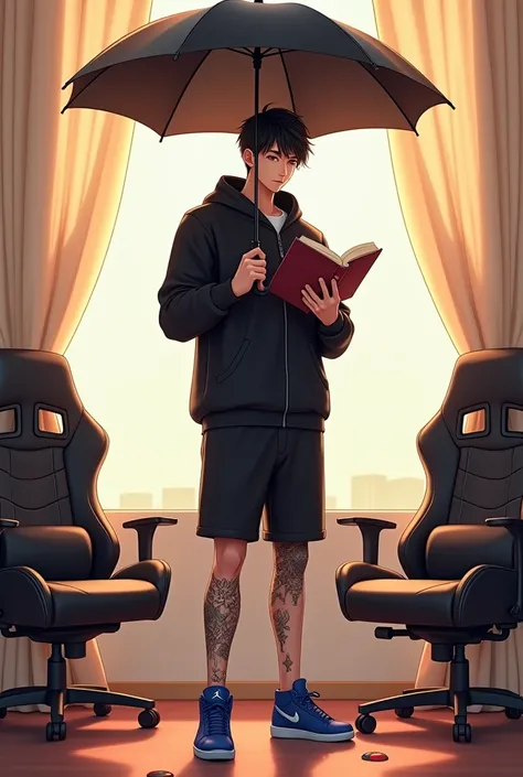 make me a 3D anime drawing of a man 178cm tall, weighing 80 kg, wearing a long-sleeved black jacket, shorts, complete Mouri tattoo on his right leg, standing with an umbrella and reading a book, wearing blue Nike Air Jordan shoes, on the back is gaming cha...