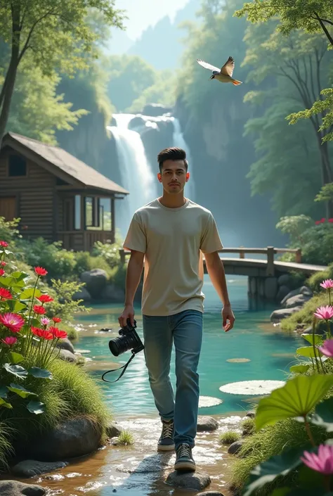 (photorealism:1.2), make original photo Handsome young man with firm jaw line short black hair combed back neatly, wearing loose t-shirt and jeans wearing sneakers, walking with his whole body while holding a camera 📷, beautiful natural landscape backgroun...