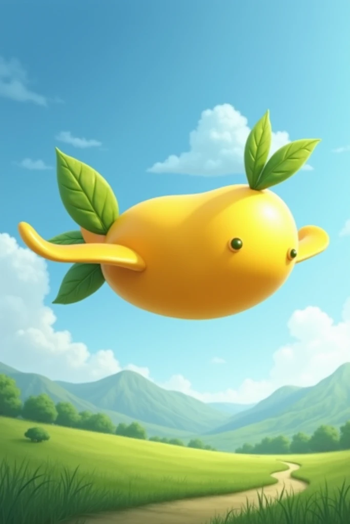 "Create a whimsical scene featuring a bright yellow mango transformed into an airplane. The mango has wings made of smooth, green leaves, and the tail is shaped like a curved mango pit. The airplanes body is plump and glossy, with a slight shine reflecting...