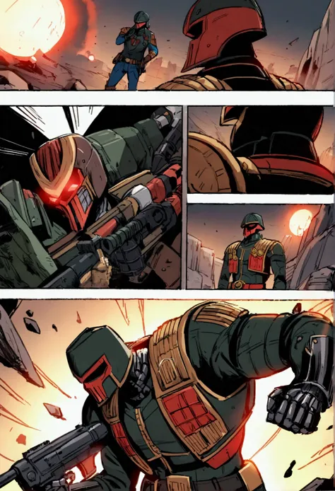 Comics judge dredd in a cowboy themed armor and broad rimmed hat helmet, big badge, huge gun. He is confronting cyborg villain cowboys, explosive shootout, high danger, broken cyborgs
