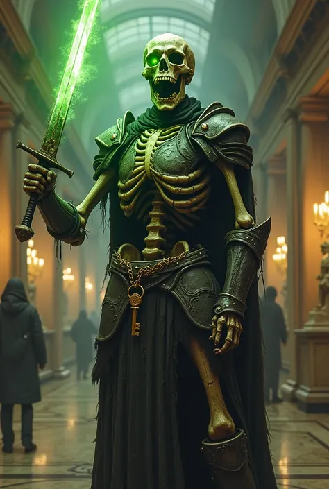 DnD style, rotting Skeleton Knight with decaying flesh hanging from its bones, it is wielding a green glowing sword in his hand, he has a single key hanging on a golden chain around his neck, standing in a museum