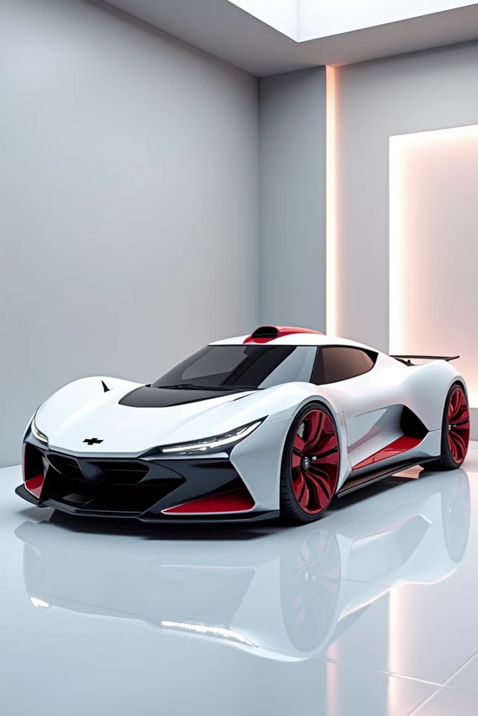 2025 Chevrolet zora car in the stand luxurious showroom white colour fornt side view red colour 