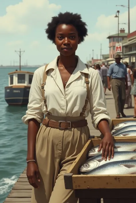  Create an image of a mulatto woman wearing fisherwomans clothes,  white dress shirt ,  beige pants , Around the year 1900 selling fish on the pier , with a normal face ,  dont make a model