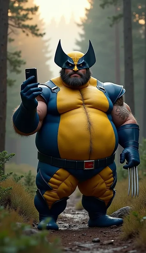 A highly realistic, detailed depiction of a fat Wolverine with a rounder, bulkier build, taking a selfie from his perspective. He is holding his phone high up with one hand, capturing himself in a playful yet confident pose in a rugged wilderness setting. ...