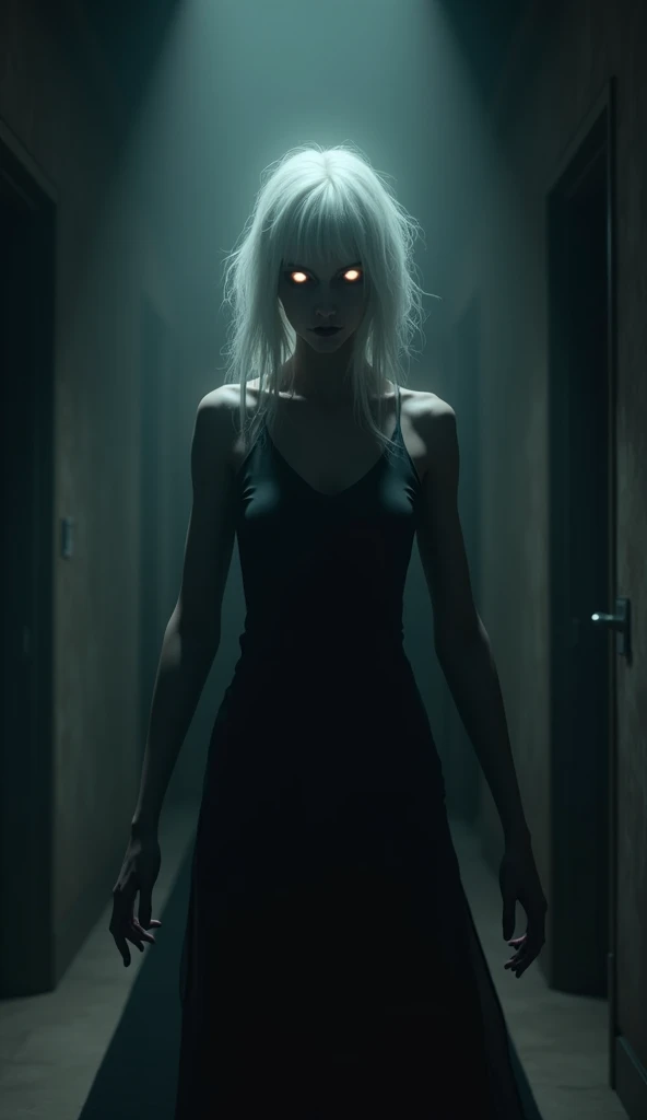 3D animation a cartoon. A scary woman with glowing black eyes, dark and black, Wight hear,standing in the shadows of a dimly lit room, 

