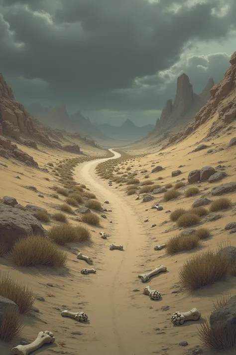  Draw me a scene in the desert in the form of an anime 
*Panel 2: Death Road *

 - Bones of men and animals
- A gray and lifeless sky.