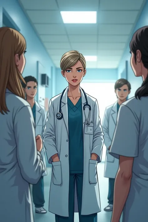 Create an image of a bossy lady female doctor with short heights in bedside ward rounds giving orders to junior doctors