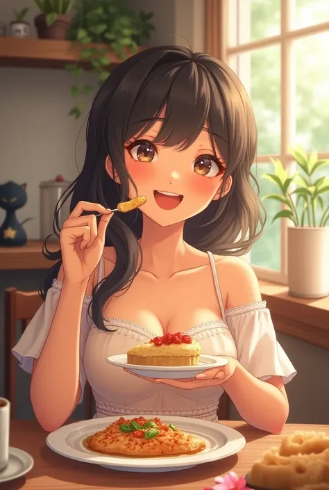  anime girl, 25 years old, Darling, Fat, eats food, eats with love