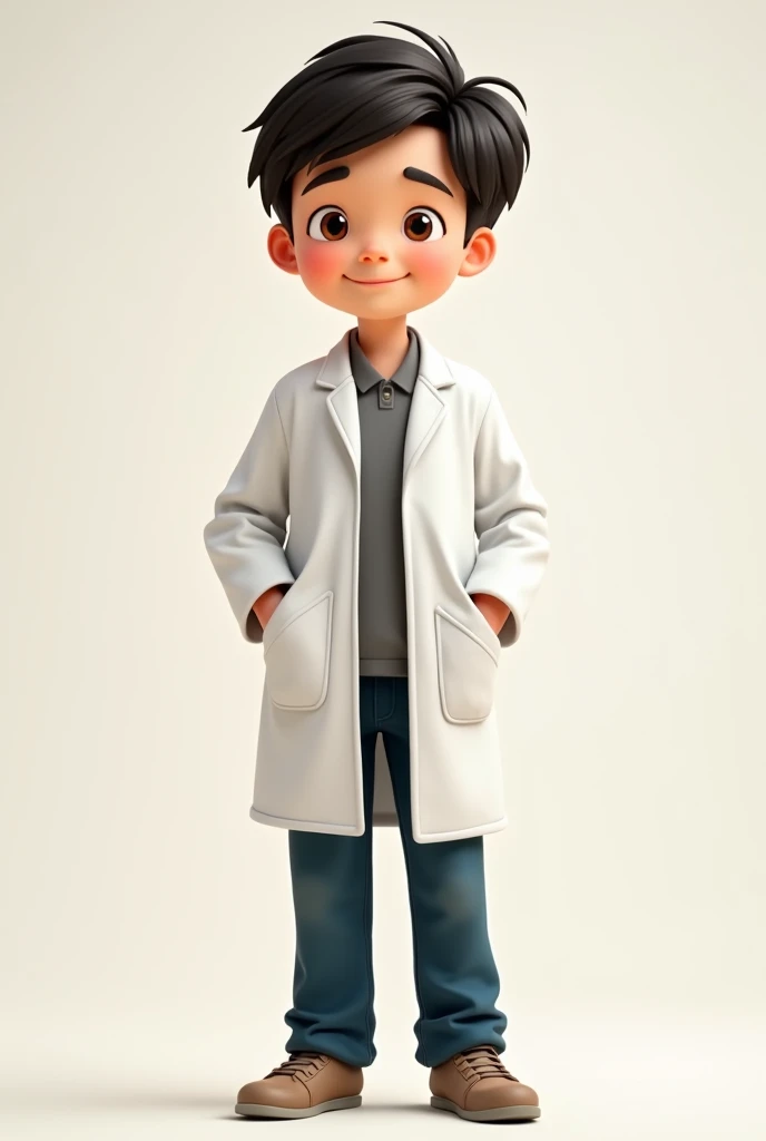  The boy in the picture has dark hair , short and simply styled .  His face shows a friendly and trusting expression ,  highlighted by a wide, natural smile .  He has an average build and is standing in a relaxed posture.  He wears a closed white lab coat ...