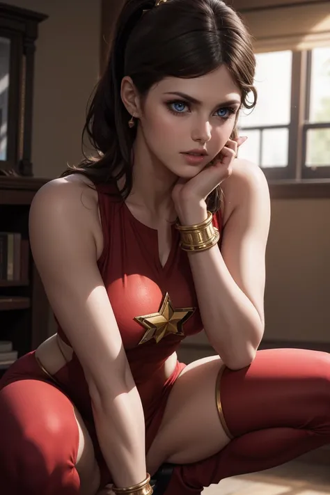 alexandra daddario as a beautiful female superheroine , green eyes brown hair, bluch, ponytail, red crop shirt, with a golden Star, wears a golden tiara on forehead with a red gem in her head , golden bracelets, long red boots, and small red shorts portrai...