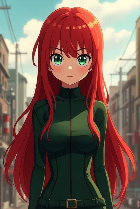 Anime style girl Boku No Hero Academia with red hair and green eyes long hair body hourglass