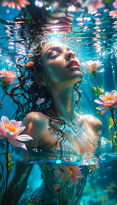 nude barefoot araphic woman with very light pale glowing skin from inside, in a body of water with flowers, highly detailed cinematic style photo, close-up fantasy with water magic, nymph in water inspired by David LaChapelle, portrait of a woman underwate...