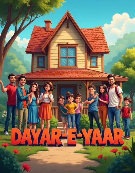 Let me make a display picture with a house and 10 male and female young friends and write club name "DAYAR-E-YAAR" In capital letters