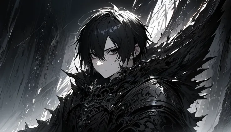 masterpiece,  best quality, 1 person, adult, male focus, Alone,  medium black hair, Bright black eyes,  Watching Viewers ,  closed mouth, emo,  fantasy aesthetics,  very detailed,   Shadowverse Style , Leather coat