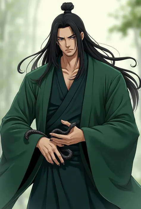  A person from Sichuan Tang District . A strong man with long dark hair. No beard, no bangs.  has a dazed expression .  The clothes are green with long, wide sleeves .  The tips of the fingers are black .  A cute little snake wraps his wrist.  anime pictur...