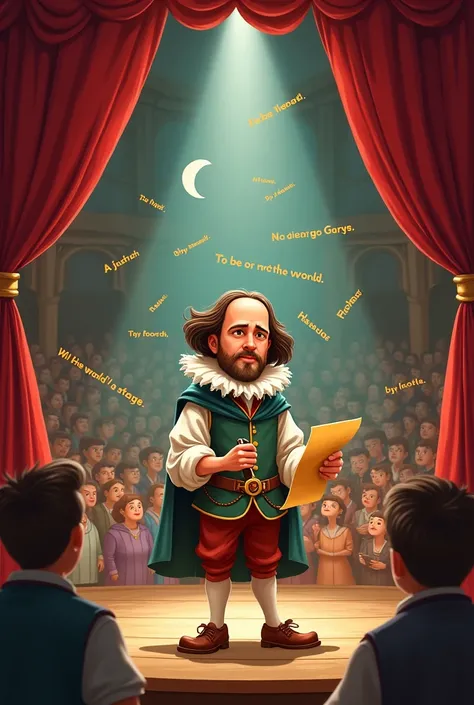 Cartoon Idea**: A theater stage with Shakespeare in the center, holding a quill and paper, with famous lines from his plays floating in the air, and a background of people watching the performance.
- **Attraction**: Highlights Shakespeares influence in the...