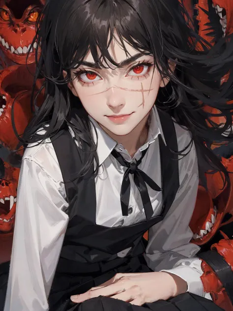 (masterpiece,  best quality: 1.2), night( Chainsaw Man ),( in a skirt {x} very detailed face, real image,  Real Skin,  REALISTIC BODY ,  Intricate Details ), (Alone,  upper body)  Evil Smiles , 
Serious,  stares at the viewer , red eyes,  school uniform, P...