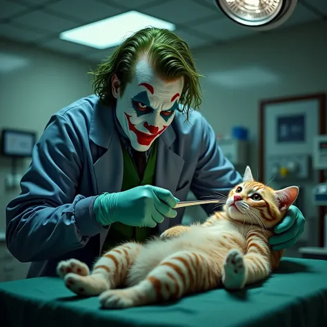 This image shows joker in a surgical setting, seemingly performing surgery on a cat. He is wearing his usual costume but with a surgical gown over it, and he’s holding surgical tools. The scene is humorous and surreal, combining the seriousness of surgery ...