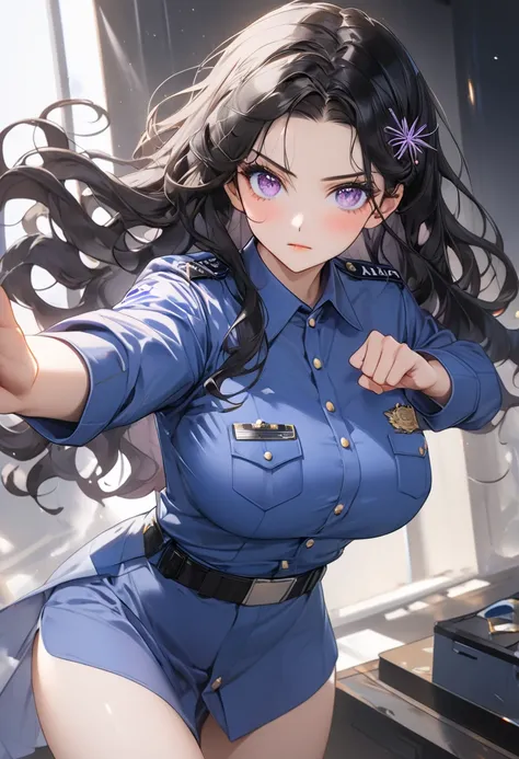 ((masterpiece, best quality,8k, ultra high resolution)), (cowboy shot)  、1 girl  、　Age 30　、(( fighting pose))、((Infatuated))、 is staring　　、 sharp eyesight  、  long lashes　　 、　   black hair 　　、Long Hair　　、wavy hair、((wearing  a  small spiderlilyhairpin ))、(...