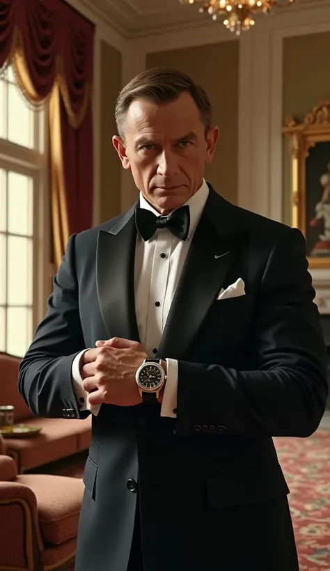 james bond wearing watch in a mansion