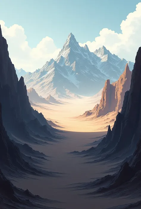  Draw me an anime image with these descriptions 

*Panel 1: Inhospitable desert *

 - A vast arid desert extends to the horizon .
 - Snowy mountains in the background .
 - Dark and shady valleys in the foreground .