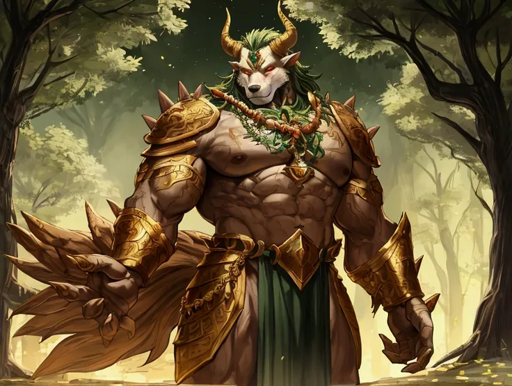 A colossal male werewolf in his Shining Ancestor form, he stands like a golden titan with a sculpted body that seems composed of branches and living wood, emitting a warm, metallic glow. His physique is imposing, muscular, and distinctly masculine, with a ...