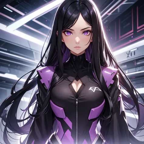  woman with purple eyes.  long black hair . mature face, futuristic scenario