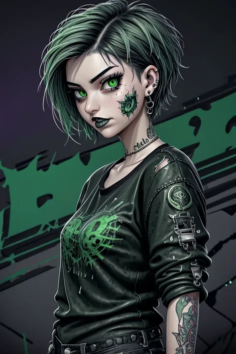 illustration, detailed illustration, ultra detailed, 25 year old girl, short hair, messy hair, green highlights, black hair, gray eyes, earrings, helix piercing, neck tattoo, purple, t-shirt, torn jeans, evil smirk, arrogant, disdainful, leather jacket, dy...