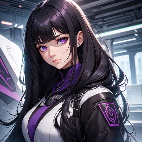  woman with purple eyes.  long black hair . mature face, futuristic scenario