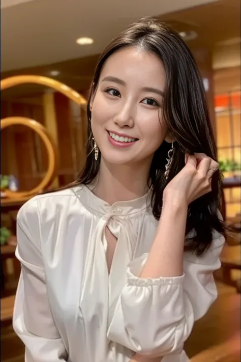 high quality, 4k, 8k,  realistic , a woman wearing a random colored shirt and earrings,  upper body shots , age 30、smile、beautif...