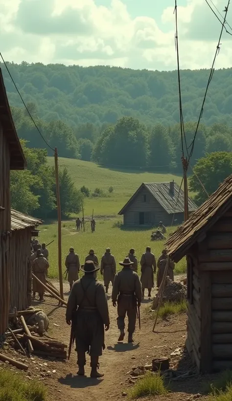 4K HD QUALITY "A tense scene showing settlers expanding their land, building houses, with Wampanoag people watching from a distance, showing the looming conflict between the two groups