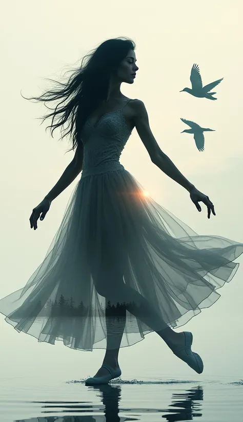 The image features a stunning double exposure effect that combines the silhouette of a beautiful woman, long black hair, dancing ballet with a serene night lake scene. The beautiful womans head is clearly defined, strikingly contrasting with the softer, mo...