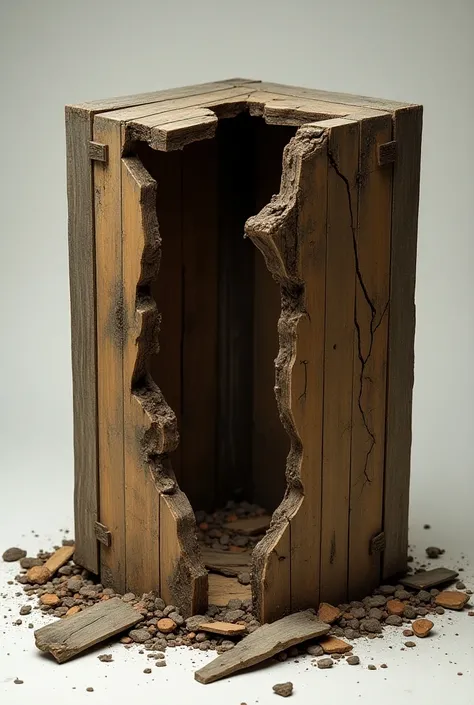 

Overall Shape:

The box is visibly shattered, with parts of its structure barely holding together.

The top and one side have caved in, and fragments of wood lie scattered around.

The shape is irregular due to missing or displaced planks.


Damage Detai...