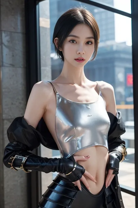 whole body、 1 girl、 very beautiful face、Well-balanced face、((Super cute))、 black hair、 shorthair 、 white skin、( slender body )、Petite body、 small breasts、 steampunk 、Gothic Design、Armor with high density details、 EXQUISITE DETAILS 、 sci-fi atmosphere、 Retr...