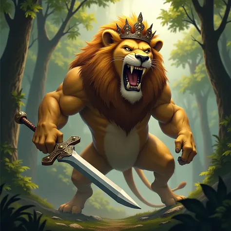 A lion king wearing a crown holding a sword in hand with a strong body in full rage in a forest