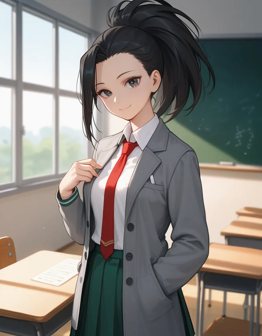 score_6_up, best quality, 1girl, solo, momo, long hair, bangs, black hair, ponytail, high ponytail, wide ponytail, student, grey...