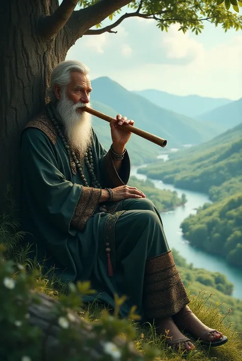  A sorcerer looking at the landscape from the top of a valley with a river passing by his side,Hes playing a flute sitting leaning against a tree  
