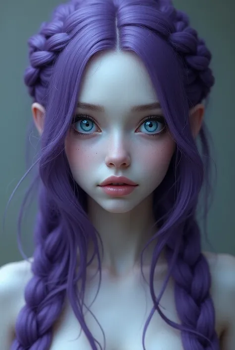  Create a young woman with purple hair, long and braided , white pele, visible veins,  big blue eyes, 