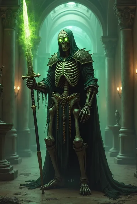 DnD style, rotting Skeleton Knight with decaying flesh hanging from its bones, it is wielding a green glowing sword in his hand, he has a single key hanging on a golden chain around his neck, standing alone in a museum