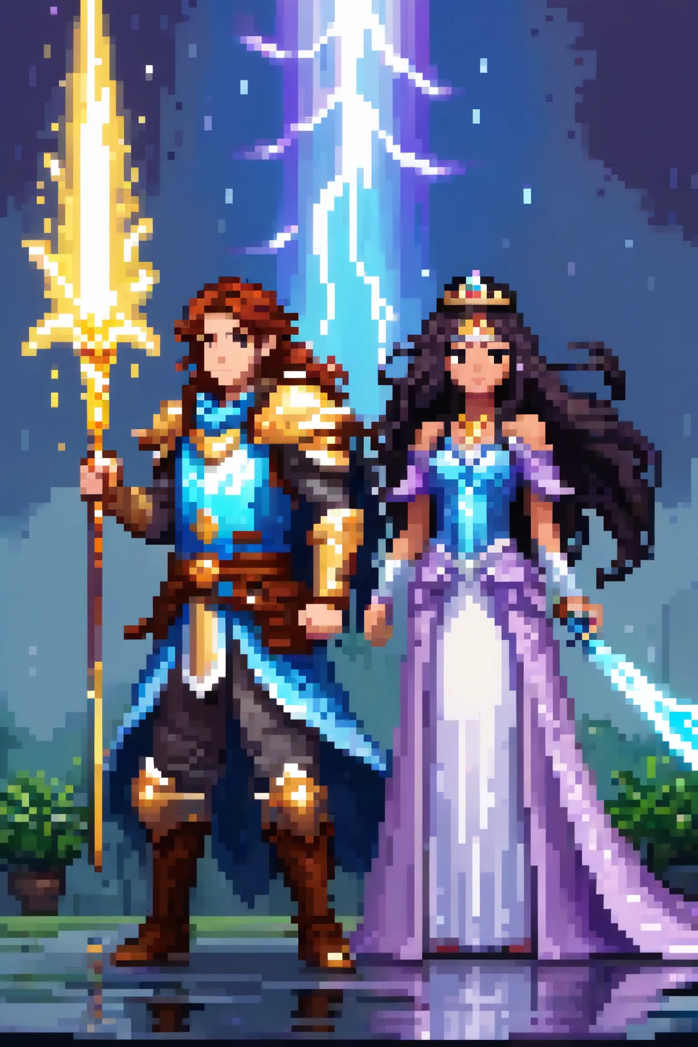 pixel art, man with curly auburn hair wearing light armour with lilac accents wielding a lightning sword standing next to a Filipino princess with long black hair wearing a dress and princess tiara who is a water mage