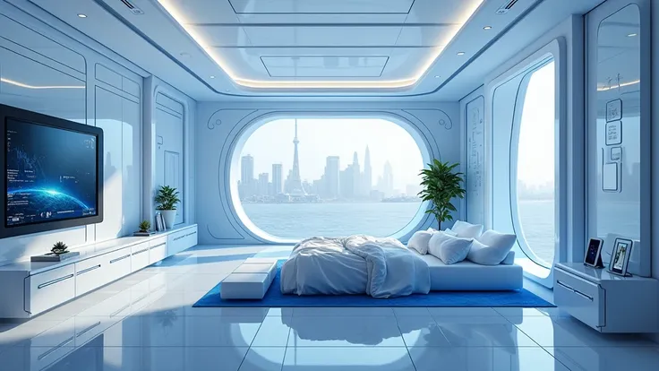 A futuristic ， bedroom with an area of about 50 square meters with blue and white as the main style，There are all kinds of facilities 