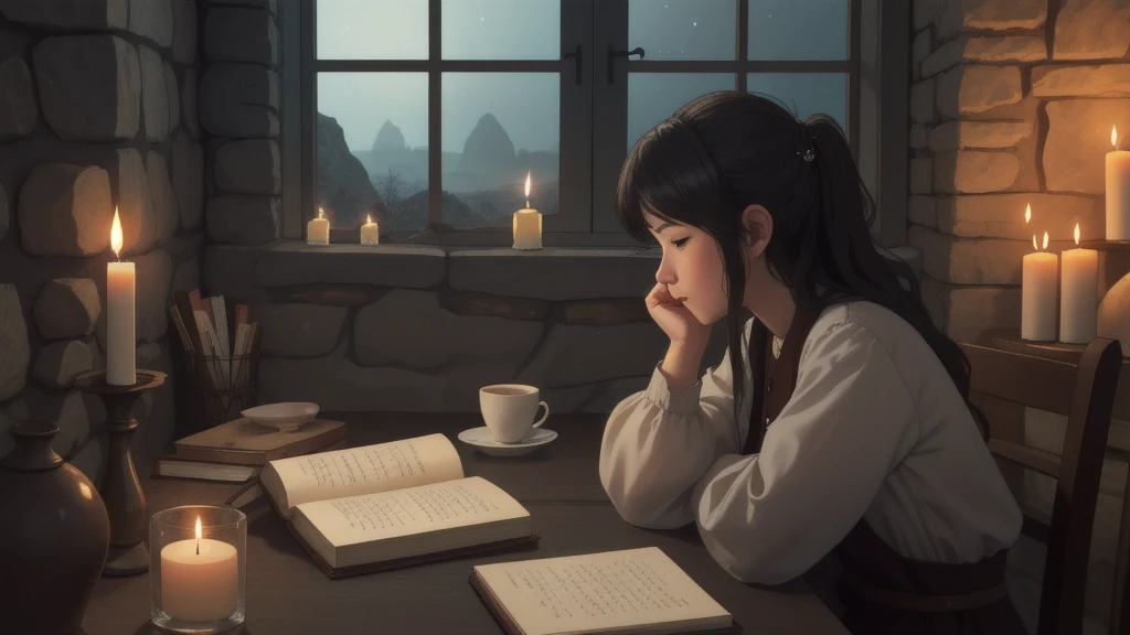 studies,  1 girl, from side, Writing,  candles,  candleslight, hand_On_own_Chin, hand_rest, Books, paper, stOne wall, Cafe,  Fantasy ,   knight ,  window , 星nullの_null, battlefield, medieval background 