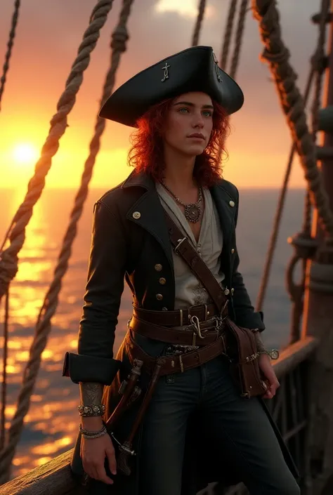 Generate the image of a pirate for a DnD campaign total body. A male pirate around 20 years old with an excited face. He has mid length dark red curly hair, without any type of facial hair. His eyes are emerald green, and he has a small scar on the bridge ...