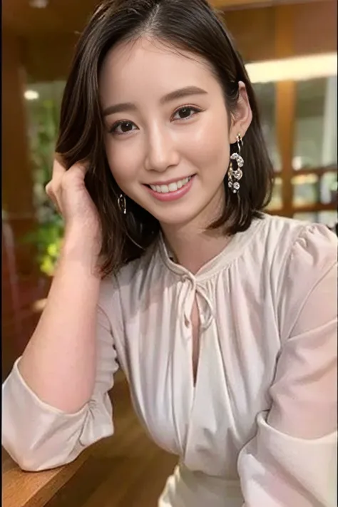 high quality, 4k, 8k,  realistic , a woman wearing a random colored shirt and earrings,  upper body shots , age 30、smile、beautif...